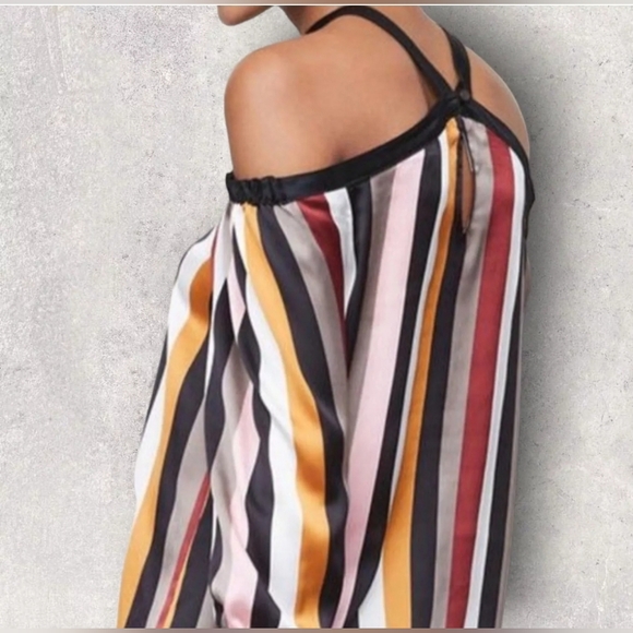 LOFT Off The Shoulder Long Sleeve Blouse Top Striped Halter Neck - Picture 2 of 12